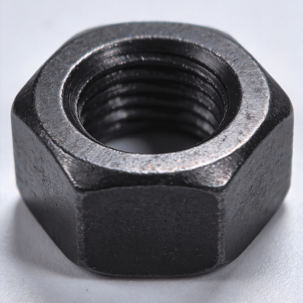 Industrial heavy hex nuts with black phosphate coating for secure fastening.